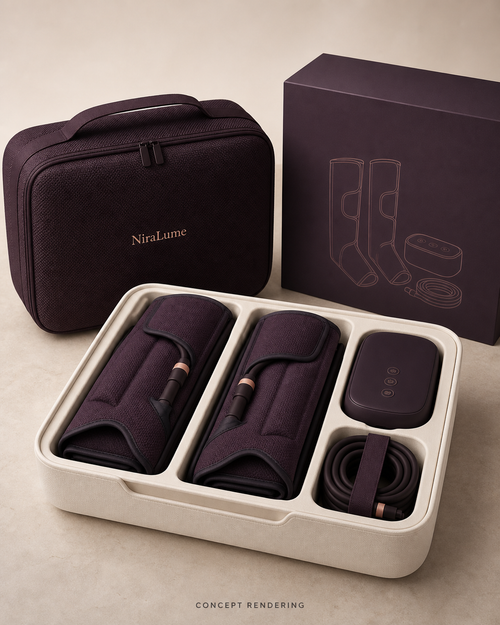 NiraLume Air Compression Boots packaging concept rendering - visual concept, not final product.