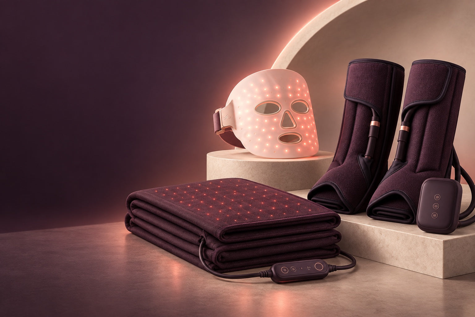 Concept view of a NiraLume LED face mask, full-body light mat, and air-compression leg boots in a plum and ivory studio setting